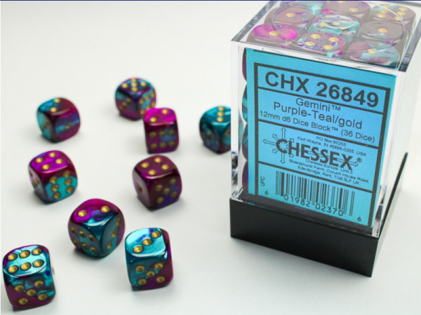 Chessex 16mm D6 Dice Block Gemini Black-Purple/Gold (12 Dice) main image 1