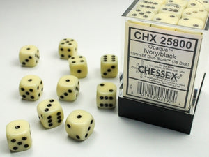 Chessex: Opaque Ivory/Black 12mm d6 Dice Block (36)