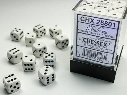 Chessex: Opaque White/Black 12mm d6 Dice Block (36)