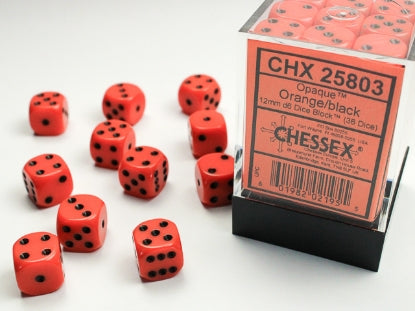 Chessex: Opaque Orange/Black 12mm d6 Dice Block (36)