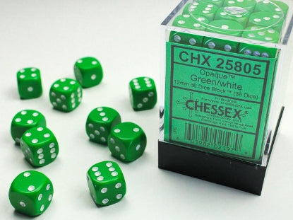 Chessex: Opaque Green/White 12mm d6 Dice Block (36)