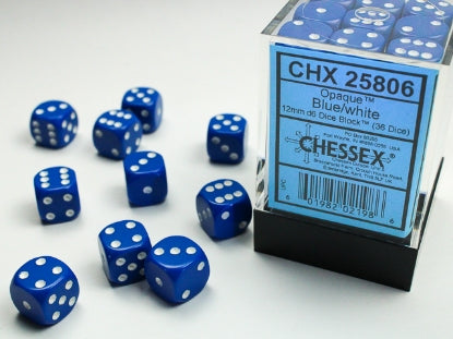 Chessex: Opaque Blue/White 12mm d6 Dice Block (36)