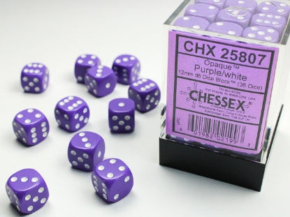 Chessex: Opaque Purple/White 12mm d6 Dice Block (36)