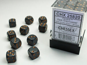 Chessex: Opaque Dark Grey/Copper 12mm d6 Dice Block (36)