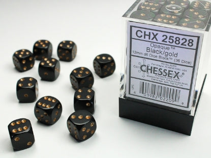 Chessex: Opaque Black/Gold 12mm d6 Dice Block (36)