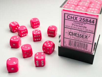 Chessex: Opaque Pink/White 12mm d6 Dice Block (36)