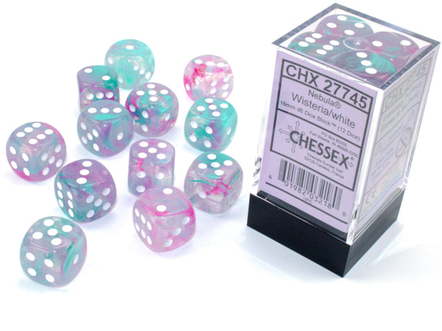 Chessex: Nebula Wisteria/white Luminary 16mm d6 Dice Block (12 dice)