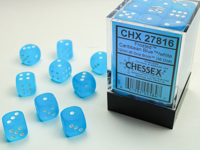 Chessex: Frosted Caribbean Blue/white 12mm d6 Dice Block (36 dice)