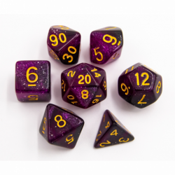 CHC: Black/Purple Set of 7 Galaxy Polyhedral Dice with Gold Numbers