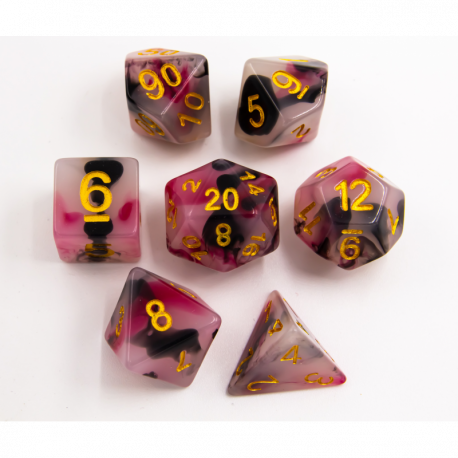 CHC: Black/Red/White Set of 7 Jade Fusion Polyhedral Dice with Gold Numbers