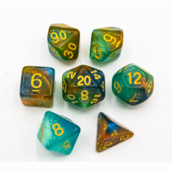 CHC: Blue/Green/Orange Set of 7 Galaxy Polyhedral Dice with Gold Numbers