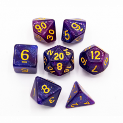 CHC: Blue/Purple Set of 7 Galaxy Polyhedral Dice with Gold Numbers