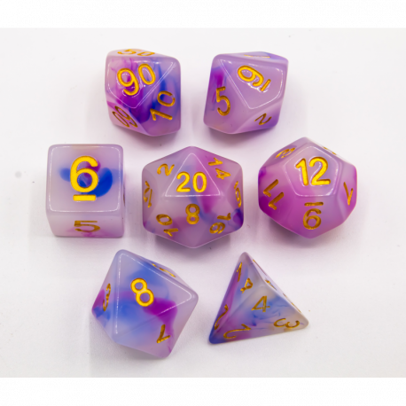 CHC: Blue/Purple Set of 7 Jade Fusion Polyhedral Dice with Gold Numbers