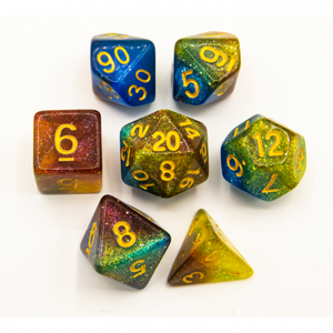 CHC: Blue/Purple/Yellow Set of 7 Galaxy Polyhedral Dice with Gold Numbers