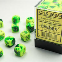 Chessex: Green-Yellow/Silver Gemini 12mm d6 Dice Block (36 dice)
