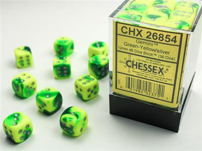 Chessex: Green-Yellow/Silver Gemini 12mm d6 Dice Block (36 dice)