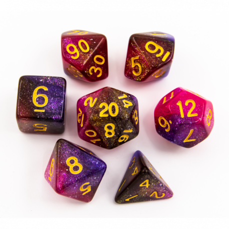CHC: Dark Purple/Purple Set of 7 Galaxy Polyhedral Dice with Gold Numbers