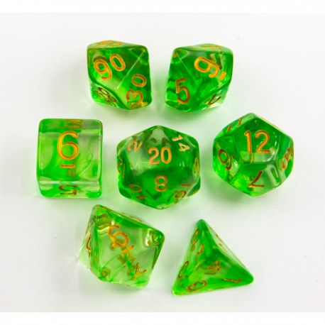 CHC: Green Set of 7 Nebula Polyhedral Dice with Gold Numbers