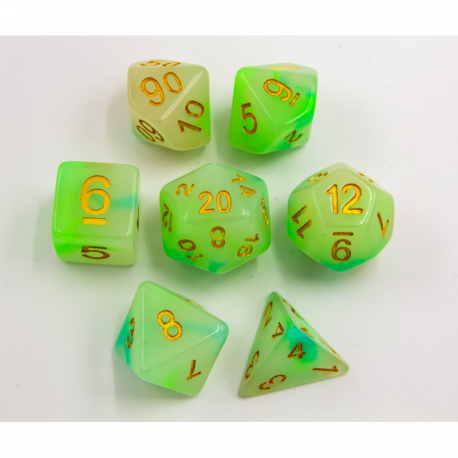 CHC: Green/White Set of 7 Jade Fusion Polyhedral Dice with Gold Numbers