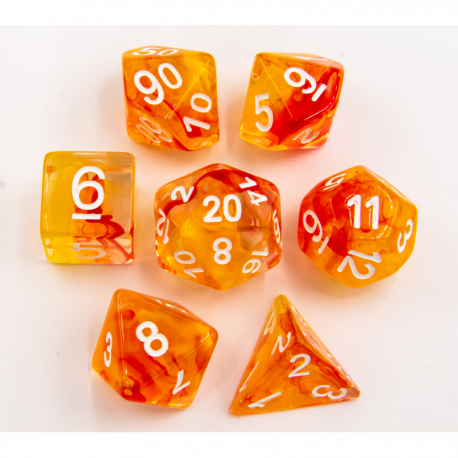 CHC: Orange Set of 7 Nebula Polyhedral Dice with Gold Numbers