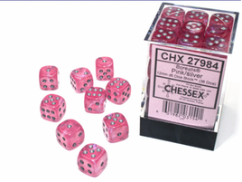 Chessex: Borealis Pink/silver Luminary 12mm d6 Dice Block (36)