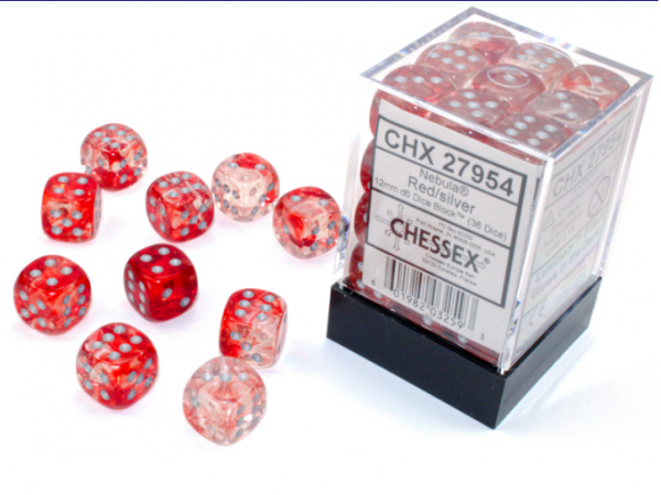 Chessex: Nebula Red/Silver Luminary 12mm d6 Dice Block (36 dice)