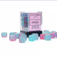 Chessex: Gemini Gel Green-Pink/Blue Luminary 12mm d6 Dice Block (36 dice)