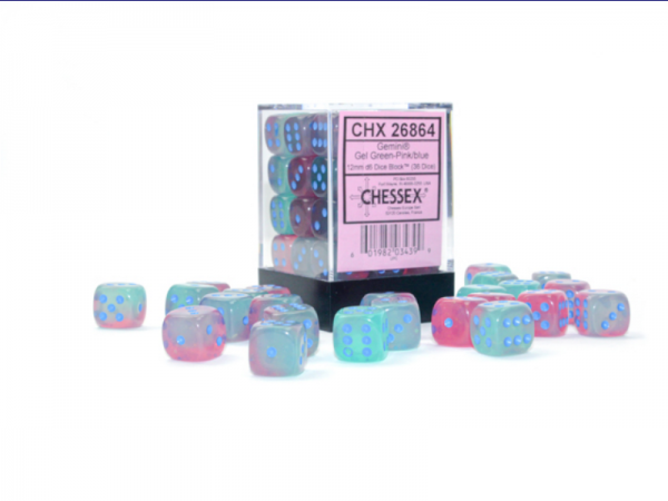 Chessex: Gemini Gel Green-Pink/Blue Luminary 12mm d6 Dice Block (36 dice)