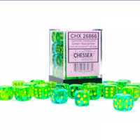 Chessex: Translucent Green-Teal/Yellow Gemini 12mm d6 Dice Block (36 dice)