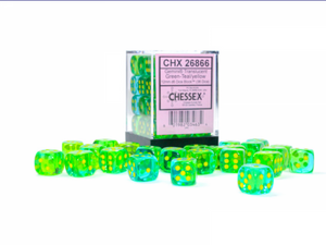 Chessex: Translucent Green-Teal/Yellow Gemini 12mm d6 Dice Block (36 dice)