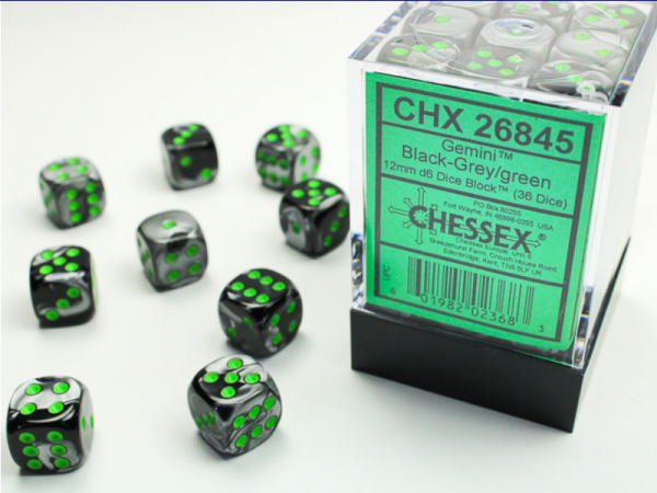 Chessex: Black-Grey/Green Gemini 12mm d6 Dice Block (36 dice)