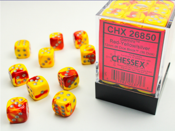 Chessex: Red Yellow/Silver Gemini 12mm d6 Dice Block (36 dice)