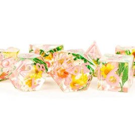 Handcrafted Sharp Resin Dice Set: Chrysanthemum w/ Pink Numbers (7)
