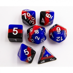 CHC: Black/Blue/Red Set of 7 Multi-Layer Polyhedral Dice with White Numbers