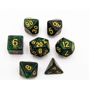 CHC: Black/Green Set of 7 Galaxy Polyhedral Dice with Gold Numbers