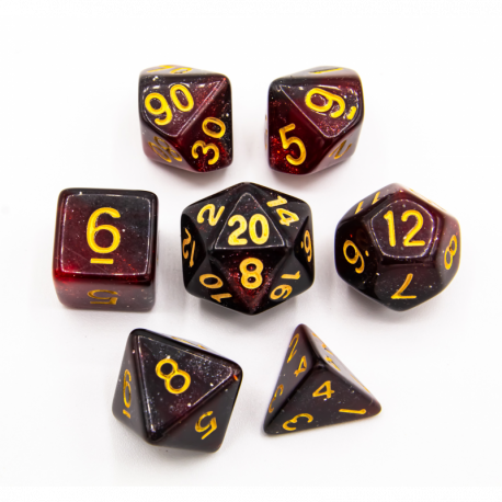 CHC: Black/Red Set of 7 Galaxy Polyhedral Dice with Gold Numbers