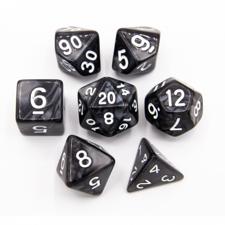 CHC: Black Set of 7 Marbled Polyhedral Dice with White Numbers