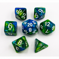 CHC: Blue/Green Set of 7 Fusion Polyhedral Dice with White Numbers