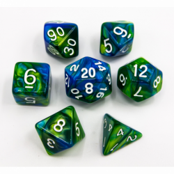 CHC: Blue/Green Set of 7 Fusion Polyhedral Dice with White Numbers