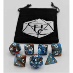 CHC: Blue/Orange Set of 7 Fusion Polyhedral Dice with White Numbers