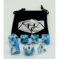 CHC: Blue/White Set of 7 Fusion Polyhedral Dice with Black Numbers
