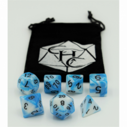 CHC: Blue/White Set of 7 Fusion Polyhedral Dice with Black Numbers