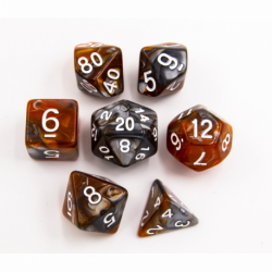 CHC: Brown/Steel Set of 7 Steel Polyhedral Dice with White Numbers