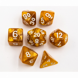 CHC: Gold Set of 7 Marbled Polyhedral Dice with White Numbers