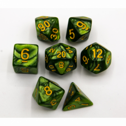 CHC: Grass Green Set of 7 Marbled Polyhedral Dice with Gold Numbers