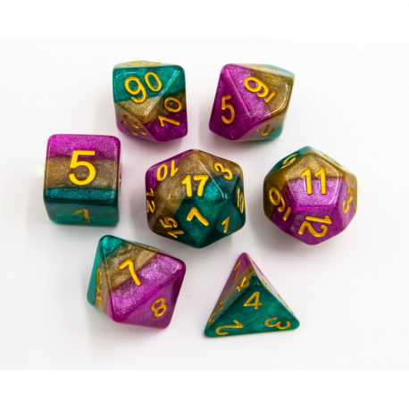 CHC: Green/Pink/Yellow Set of 7 Multi-Layer Polyhedral Dice with Gold Numbers