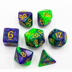 CHC: Green/Purple Set of 7 Fusion Polyhedral Dice with Gold Numbers
