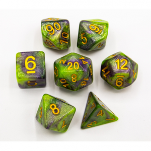 CHC: Green/Purple Set of 7 Special Polyhedral Dice with Gold Numbers