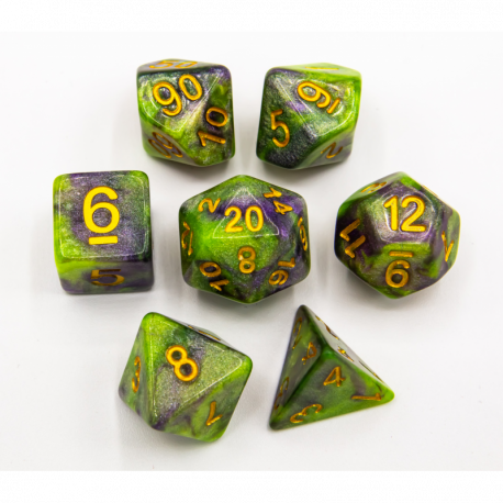 CHC: Green/Purple Set of 7 Special Polyhedral Dice with Gold Numbers