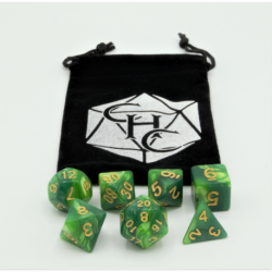 CHC: Green/Yellow Set of 7 Fusion Polyhedral Dice with White Numbers